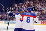 Hokejisté Slovenska slaví gól proti Polsku
