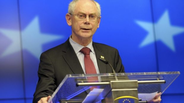 Předseda Evropské rady Herman Van Rompuy na tiskové konferenci summitu EU v Bruselu