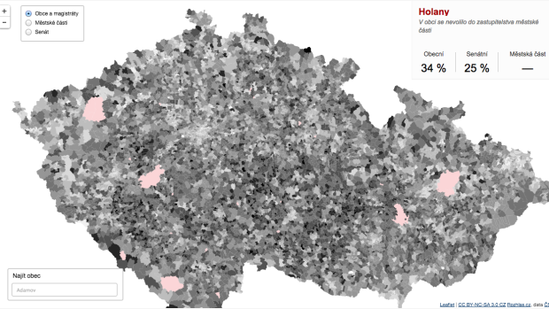 Mapa účasti v komunálních a senátních volbách na úrovni volebních okrsků.