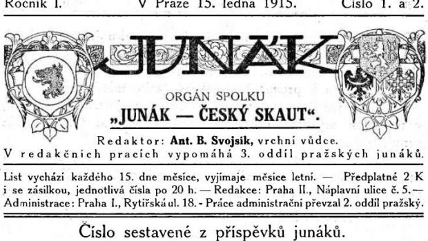 Hlavička prvního čísla časopisu Junák, které vyšlo 15. ledna 1915