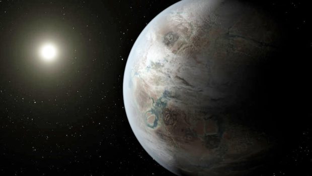 Ilustrace zobrazuje možnou podobu exoplanety Kepler-452b