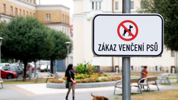 Zákaz venčení psů - cedulka na Smetanově náměstí v Pardubicích