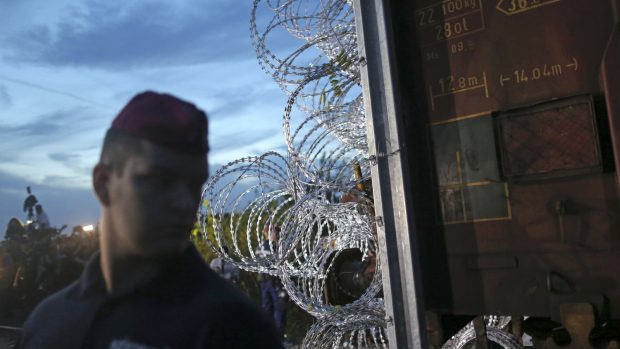 Maďarský policista střeží plot na hranici se Srbskem (ilustrační foto)