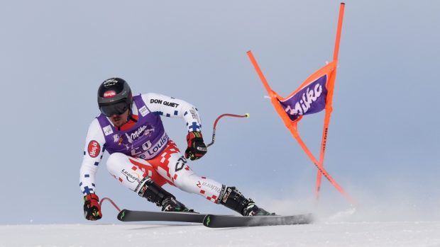 Český lyžař Ondřej Bank při tréninku v kanadském Lake Louise