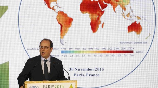 Francouzský prezident Francois Hollande při projevu na pařížské konferenci o klimatu