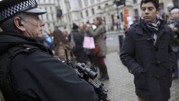 Turista si v centru Londýna prohlíží ozbrojeného policistu (ilustrační foto)