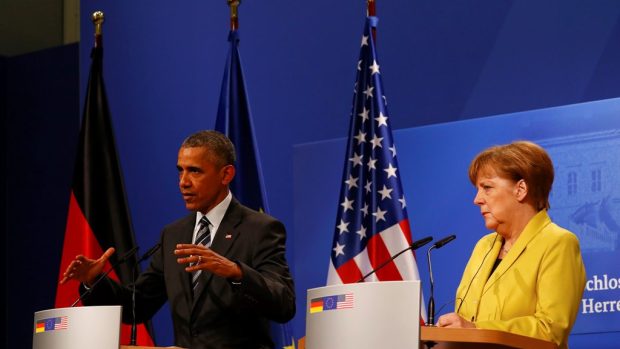 Barack Obama a Angela Merkelová na tiskové konferenci po jednání v Hannoveru