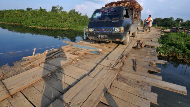 Kamion převážející palmy olejné přes most v Indonésii