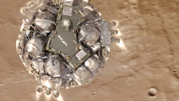 Výtvarné ztvárnění modulu Schiaparelli blížícího se k povrchu Marsu