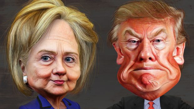 Karikatura Hillary Clintonové a Donalda Trumpa