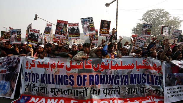 Demonstrace proti zabíjení Rohingů.