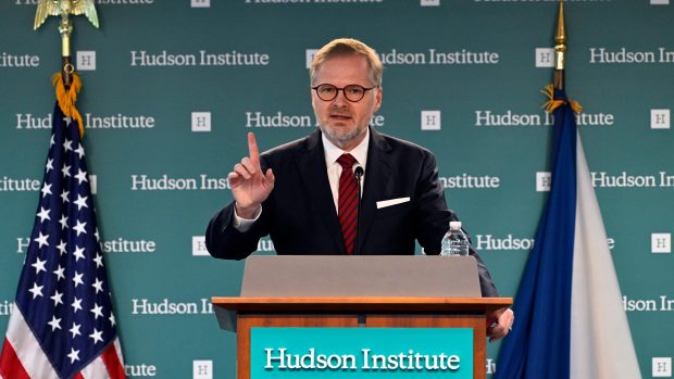 Premiér Petr Fiala (ODS) při projevu v Hudsonském institutu