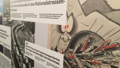 Obrázky z výstavy o historii stavby tunelu v Gotthardském masivu