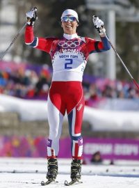 Marit Björgenová v cíli olympijského závodu