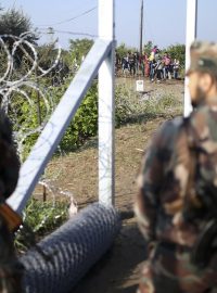 Maďarští vojáci u rozestavěného hraničního plotu, v pozadí procházejí uprchlíci