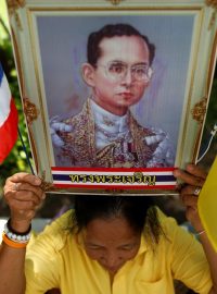 Thajka při oslavách  70. výročí nástupu Rámy IX. na trůn drží králův portrét