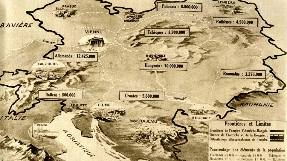 hranice Rakouska-Uherska a jeho národnostní složení, rok 1914