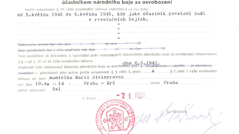 Emanuel Steiner - Osvědčení o účasti národního boje za osvobození | foto: Rodinný archiv Antonie Štrejlové Emanuel Steiner - Osvědčení o účasti národního boje za osvobození