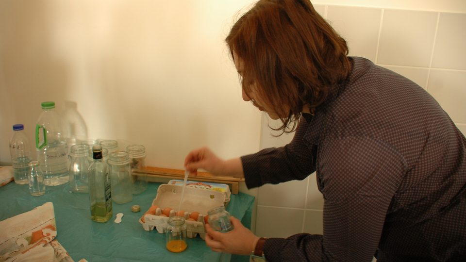 Tvorba vaječné emulze: Přidávání destilované vody do žloutku